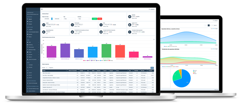 Dois notebooks exibindo um painel de back-office de cassino com gráficos de dados e tabelas analíticas.