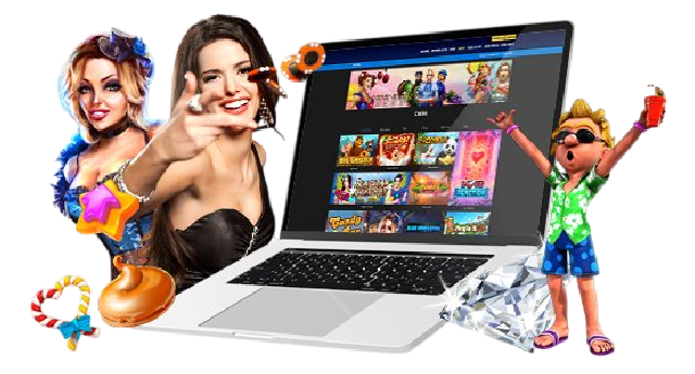 Laptop mit Online-Casino-Spielen, umgeben von 3D-Slot-Charakteren, fliegenden Chips und einem Diamanten auf schwarzem Grund.