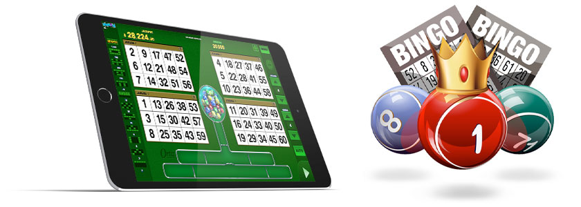 Tablet mit einem Online-Bingo-Spiel neben 3D-Bingokugeln und -karten auf weißem Hintergrund.