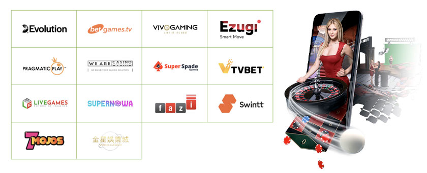 Raster mit Logos von Live-Casino-Anbietern neben einem Smartphone, das ein Live-Roulette-Spiel und eine Dealerin anzeigt.