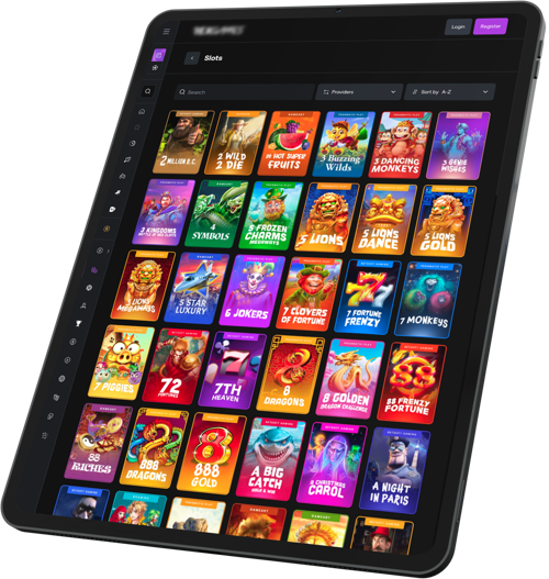 Tablet mit einer dunklen Online-Casino-Lobby und bunten Spiel-Vorschaubildern.
