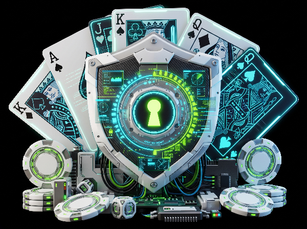 Cybernetic shield with a glowing green keyhole, surrounded by playing cards, casino chips, and futuristic dice on a dark background.