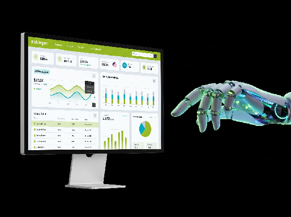 Robotic hand interacting with a monitor displaying a Risk Management dashboard with financial charts on a black background.