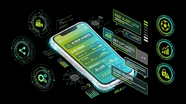 Smartphone with a holographic interface displaying AI risk alerts, live odds, and floating pop-up notifications like "Risk Alert: Low" and "Odds Update".