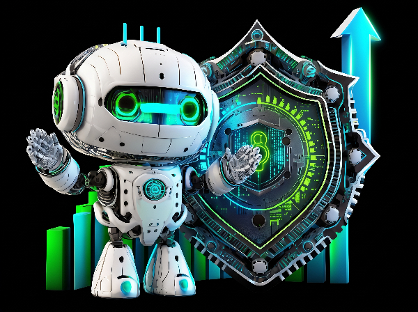 Small white robot with a glowing green visor, standing next to a large cybernetic shield and a bar chart with an upward-pointing arrow.