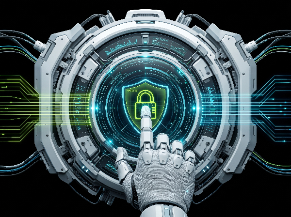 Robotic finger touching the center of a circular cybernetic interface featuring a glowing shield padlock icon, connected to circuitry.