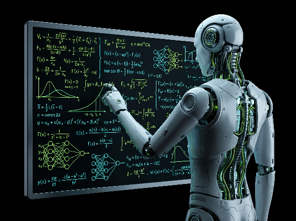 Humanoid robot analyzing complex mathematical formulas and neural networks on a black screen display.