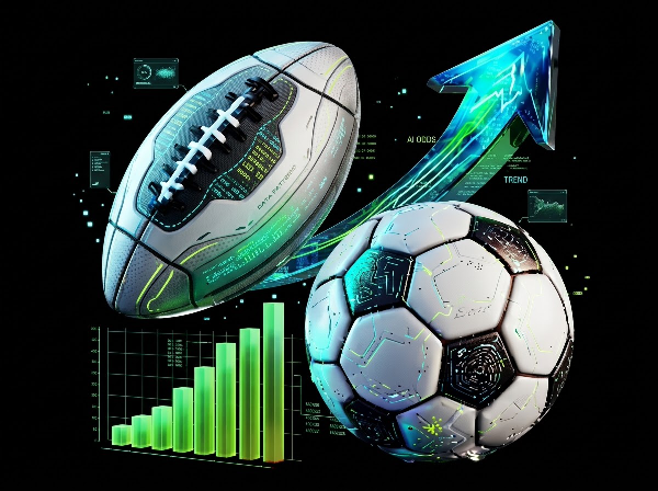 Futuristic American football and soccer ball, alongside a growing bar chart and an ascending holographic arrow.