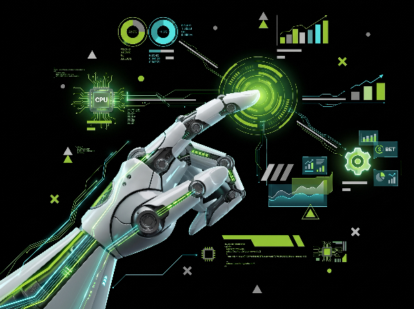 Robotic arm touching a green holographic interface with financial charts, analytical data, and a CPU icon on a dark background.