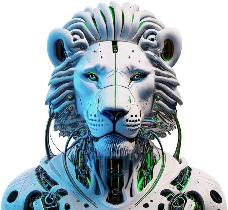 White robotic lion head with illuminated green and blue cybernetic components on a black background.