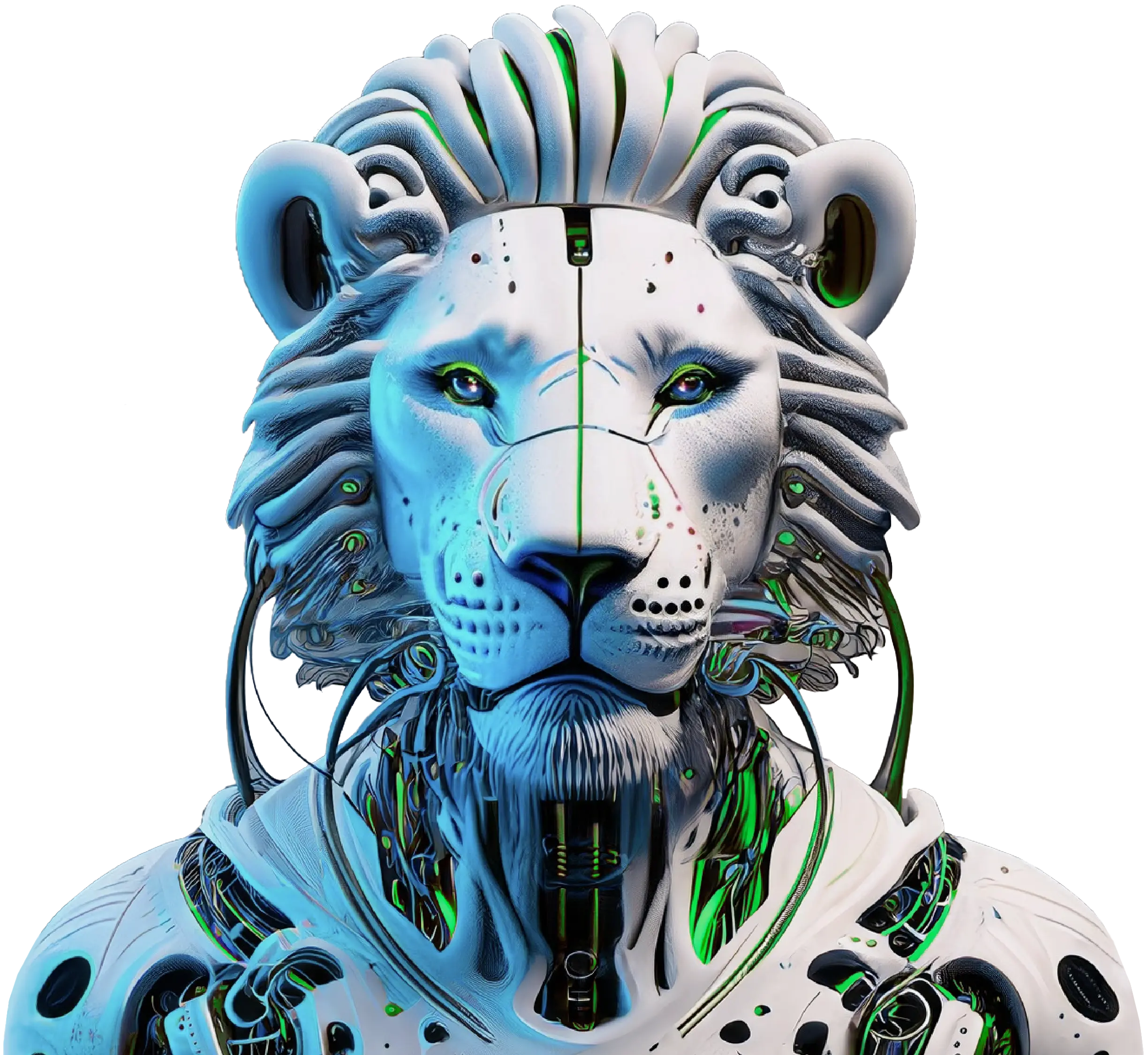 White robotic lion head with illuminated green and blue cybernetic components on a black background.
