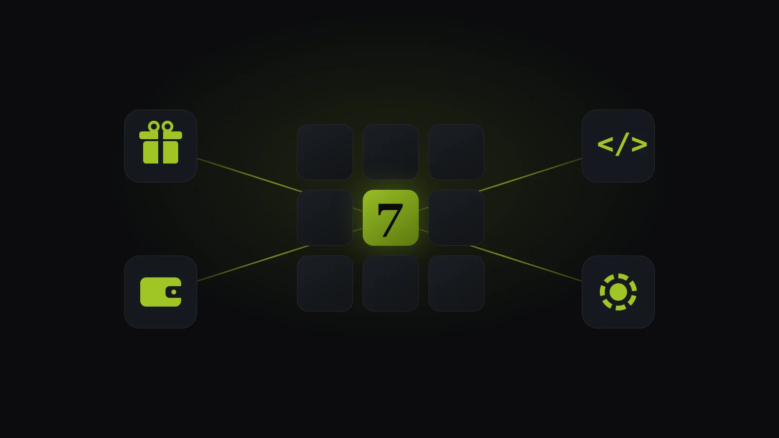 Abstract illustration: casino lobby connected to bonuses, wallet, chips and API integration