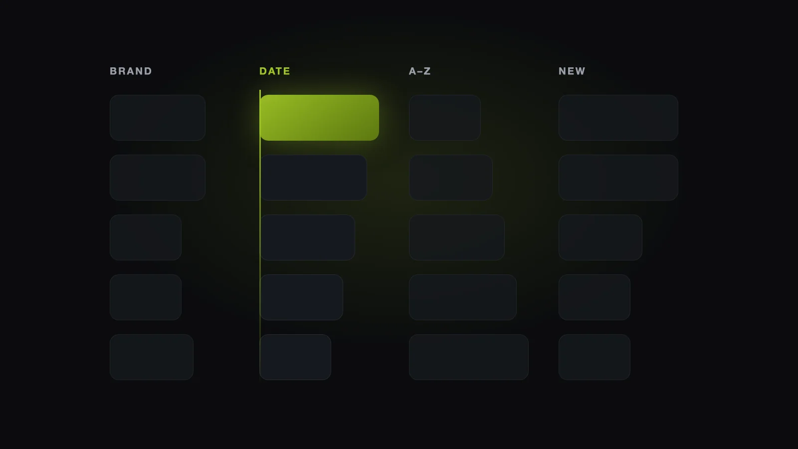 Abstract illustration: game categories sorted by brand, date added, A to Z and new releases