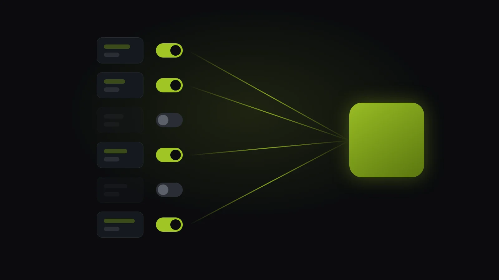 Abstract illustration: game providers switched on and off, feeding one casino lobby