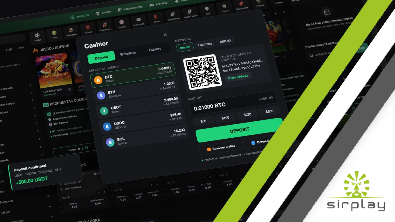 Sirplay crypto casino platform cashier with BTC, ETH and USDT deposits