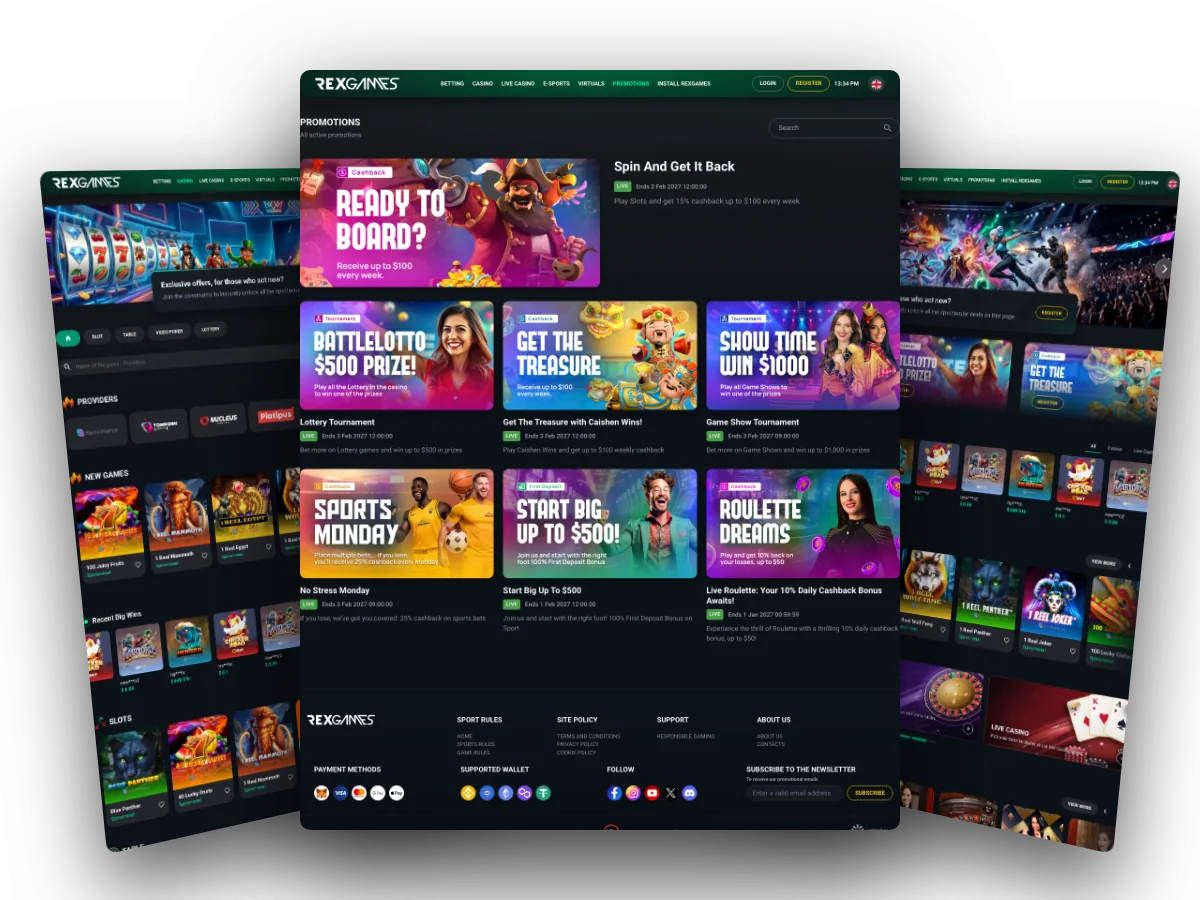 Promotions, casino lobby and home page of a Sirplay white label site (rex.games)