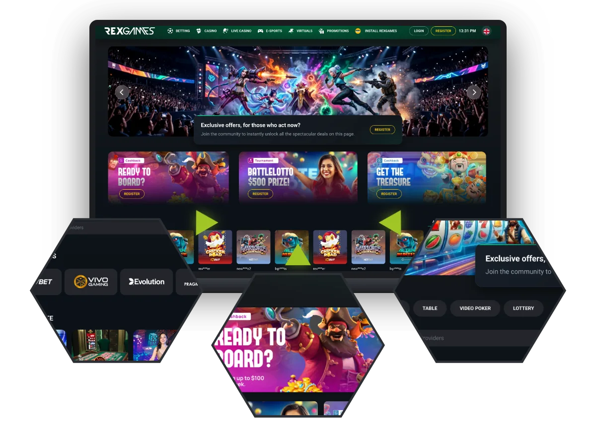 Customisable home page, live casino, promotions and casino lobby of a Sirplay white label site (rex.games)