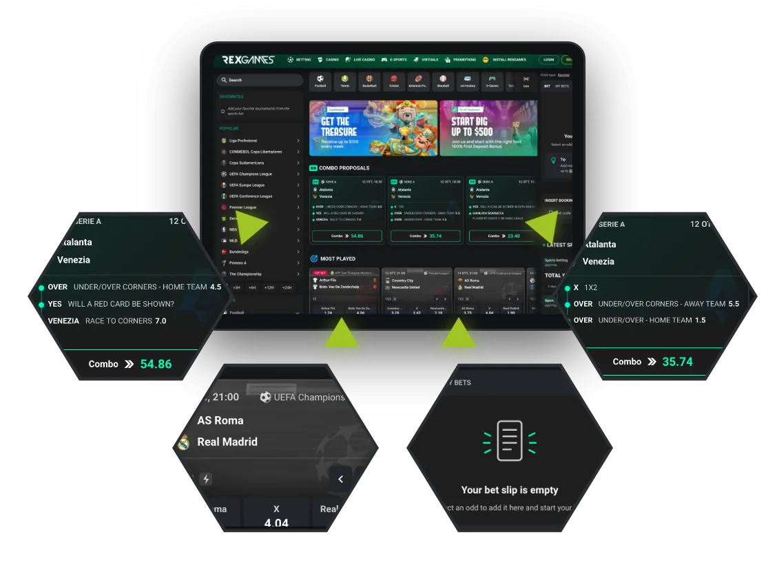 Sportsbook odds, combo proposals and bet slip on a Sirplay white label site (rex.games)